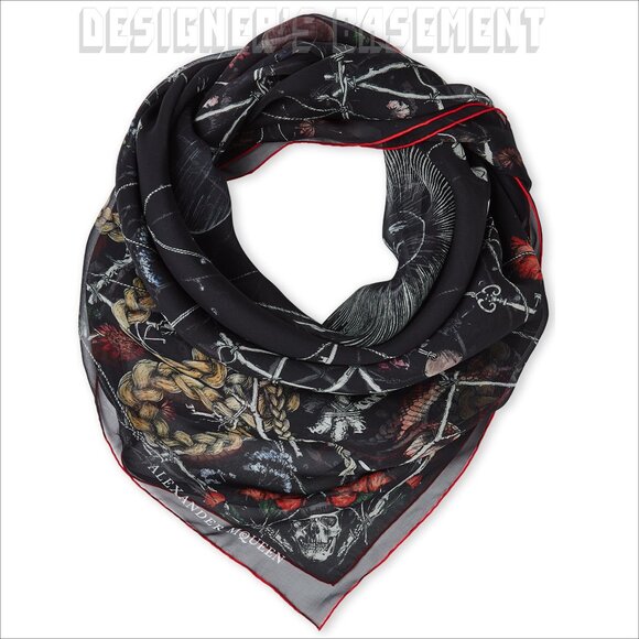 ALEXANDER MCQUEEN black Moon Sun Keys DEVIL TRAP silk chiffon 52"-sq scarf shawl - Picture 5 of 6